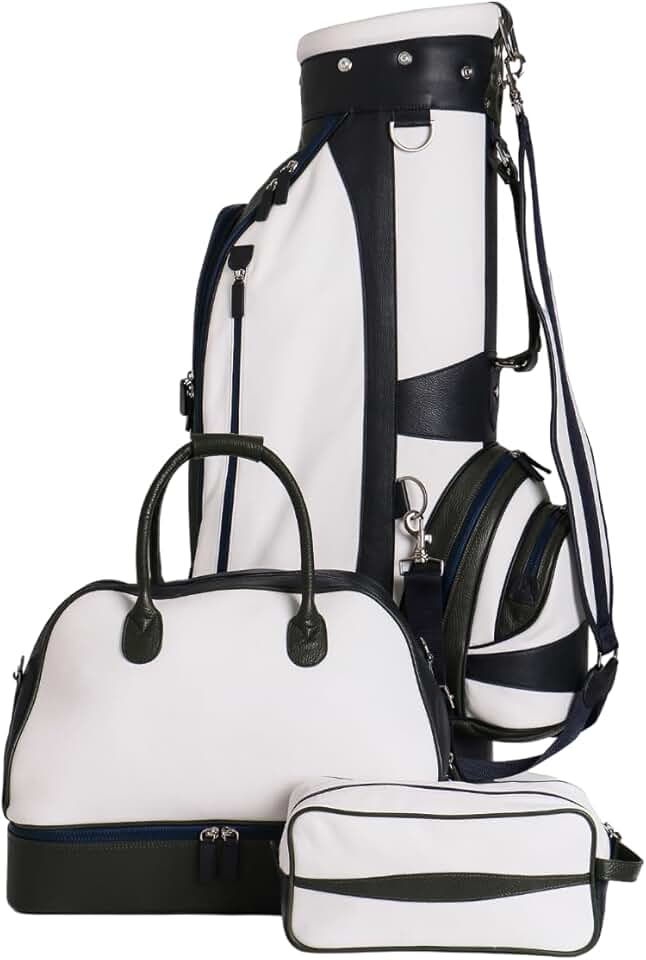 Leather Golf Set Cart Clubs Bag, Duffle Bag & Accessories Bag | Handmade to Order in Italy | Soft Pebble-Grain Waterproof Leather Elegant Luxury Golf Bags (White/Green/Blue)