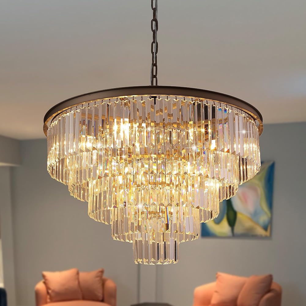 Crystal Chandeliers Lighting 5 Tiers Light Nickel Modern Chandelier Fixture for Bedroom, Hallway, Bar, Kitchen, Bathroom W32'' 16-Lights