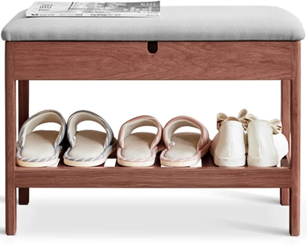 Shoe Storage Bench Entryway Hallway Furniture, Entryway Shoe Bench Rack Nordic Framework, Solid Wood Shoe Changing Stool Bed End Stool, Household Shoe Cabinet with Soft Cushion(Brown+gray)