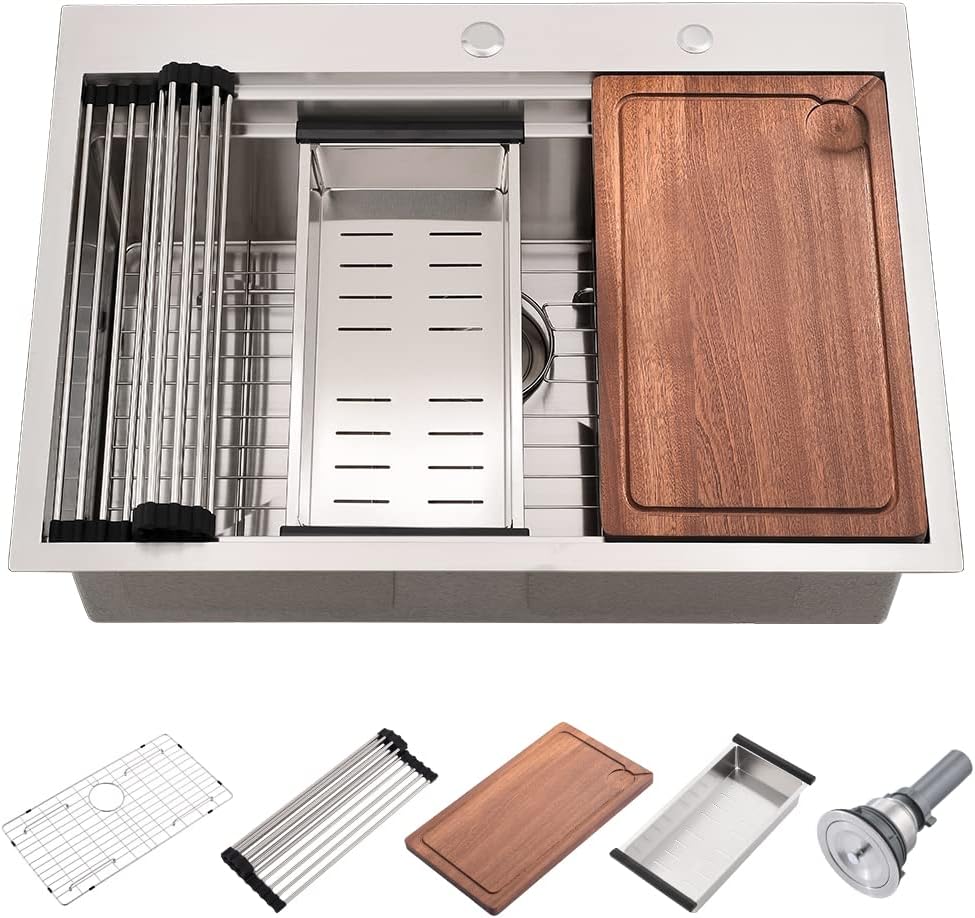 33-inch Drop In Kitchen Sink Workstation-Wesliv 33 x 22 Kitchen Sink Drop In Double Ledges Kitchen Sink workstation 16 Gauge Stainless Steel Single Bowl 10