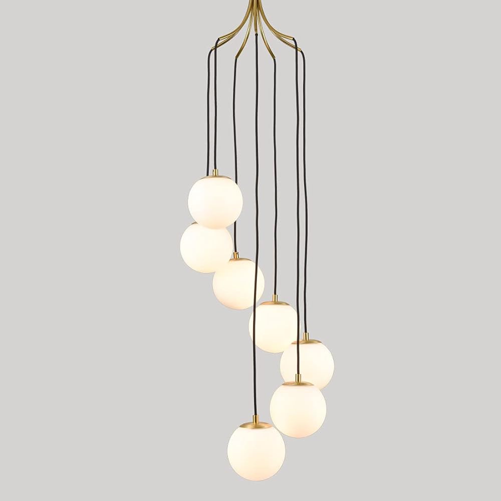 HOLKIRT Modern Globe Pendant Light Brass Chandeliers Hanging Lighting for Dinning Room, White Opal Glass Shade 7-Light