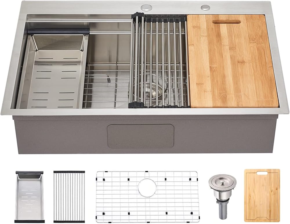 SHACO 33x22 Inch Drop In Kitchen Sink, 33 Inch Stainless Steel Top Mount Kitchen Sink, Single Bowl Overmount Double Ledges Workstation Sink with Accessories, Brushed Nickel