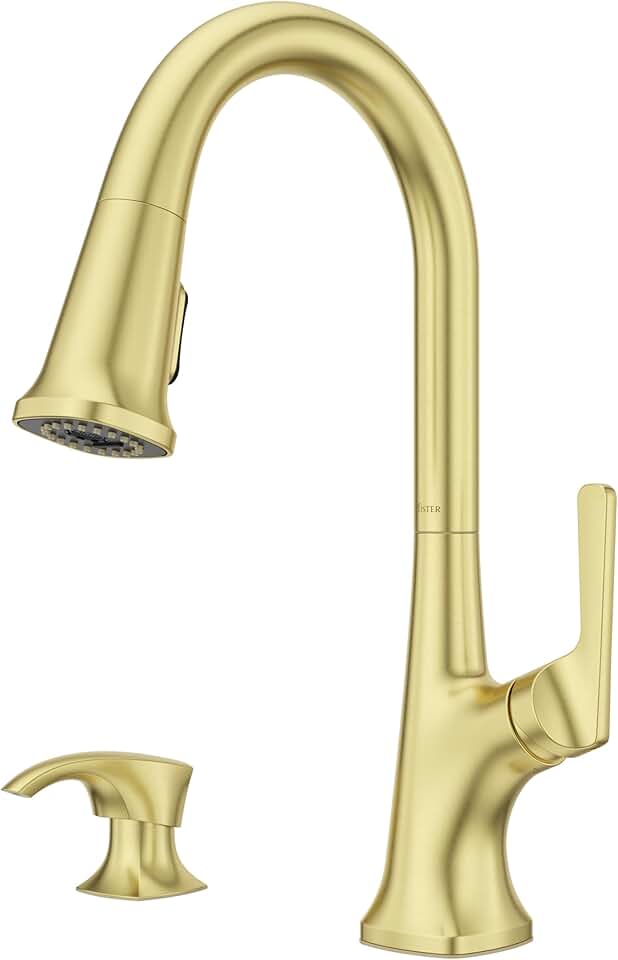 Pfister Ridgeline Kitchen Faucet with Pull Down Sprayer and Soap Dispenser, Single Handle, High Arc, Brushed Gold Finish, F5297RGBG
