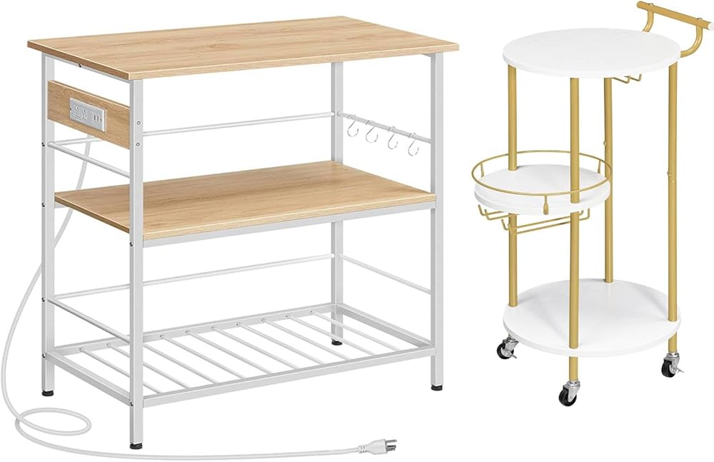 HOOBRO Kitchen Island with Storage and 3-Tier Round Bar Cart for The Home, Kitchen Island Table with Power Outlet, Mini Bar Cart with Suspended Laminate and Lockable Wheels WN021ZD01-WD32TC01