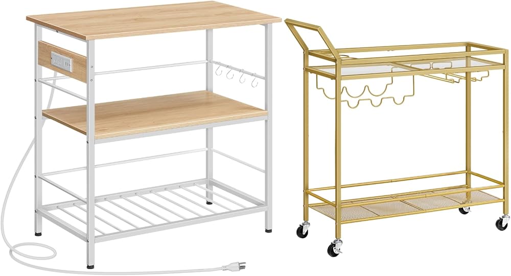 HOOBRO Kitchen Island with Storage and Bar Cart for The Home, Kitchen Island Table with Power Outlet, Serving Cart with Wheels and Guard Rails for Dining Room, Living Room WN021ZD01-GD11TC01