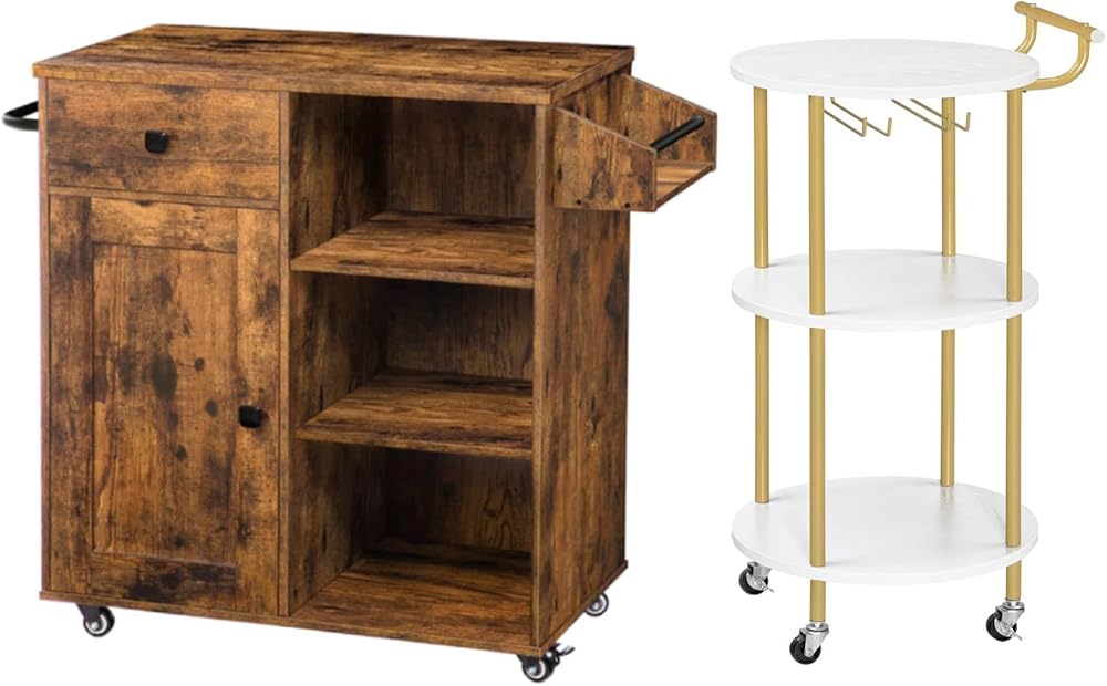 HOOBRO Kitchen Island and Bar Cart Bundle, for Kitchen Dining Room, Living Room, Parties BF12ZD01-WD31TC01