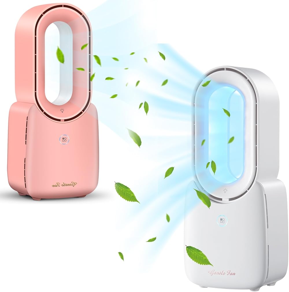 Misby Desk Fan, 11.8 Inch Personal Fan for Desk with 5 Colors LED Light, 4 Wind Speeds Electric Quiet Bladeless Fan Touch Control for Travel Home, Office, Desktop, Bedroom (White)