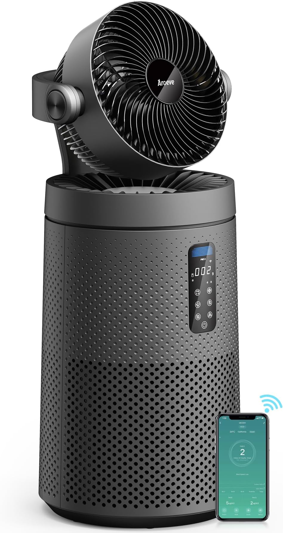AROEVE Air Purifiers Fan for Home Large Room With 2-In-1 Air Circulator Fan System And Smart WIFI Cover 1980 Sq.Ft Oscillating Air Purifier With Washable Filter For Indoor Whole Home, MK08W-Space Gray