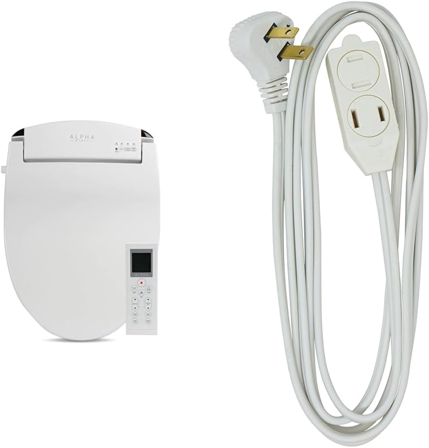 ALPHA BIDET JX2 Elongated Bidet Toilet Seat Bundle with SlimLine 2235 3 Foot Flat Plug Extension Cord, 3 Polarized Outlets