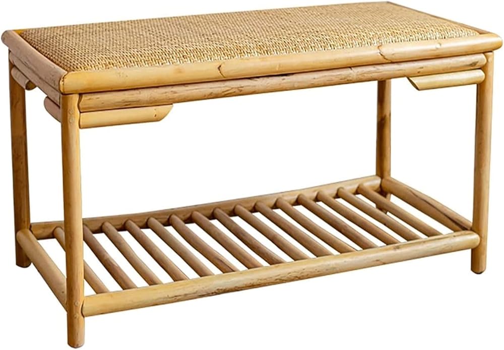 Shoe Storage Bench Entryway Hallway Furniture, Rattan Shoe Stool 1-Tier Shoe Organizer Japanese-Style Shoe Bench for Hallway, Living Room, Foyer or Hallway