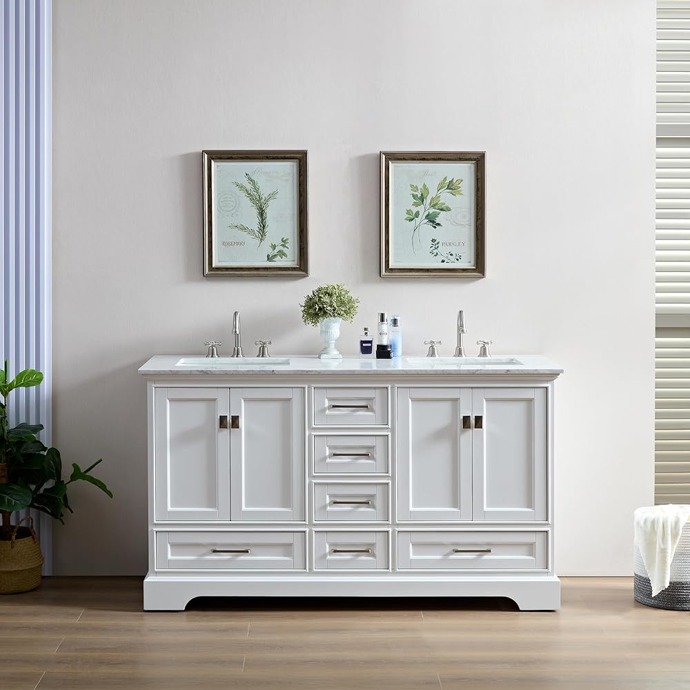 60'' Double Undermount Sink Bathroom Vanity with 2 Cabinet, 6 Drawers Solid Wood Construction, Pre-Assembled Carrara White Marble Countertop