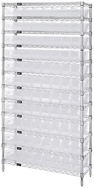 Quantum Storage Systems WR12-101CL 12-Tier Complete Wire Shelving System with 77 QSB101 Clear-View Bins, Chrome Finish, 12