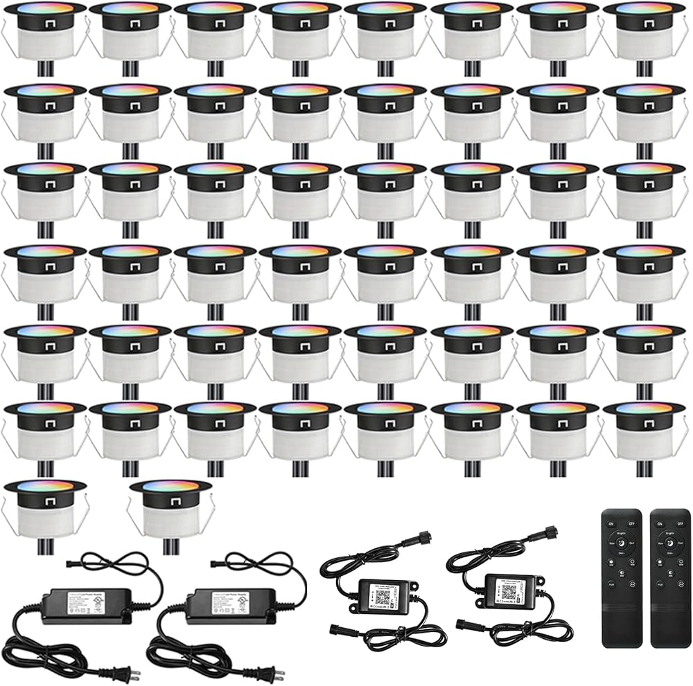 FVTLED LED Deck Lights Kit, 50pcs Φ1.22 WiFi Smart Phone Control Low Voltage Recessed RGBW Deck Lighting Waterproof Outdoor Yard Path Stair Decor, Black