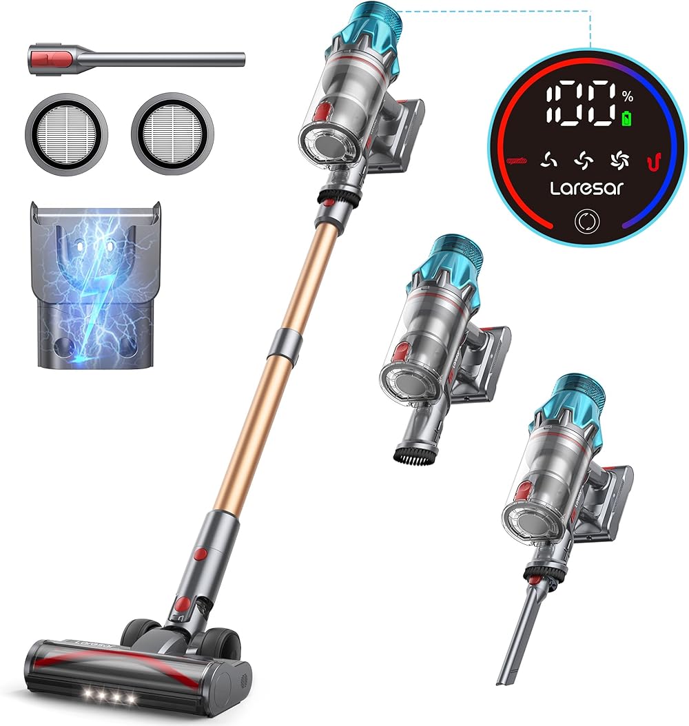 Laresar Cordless Vacuum Cleaner, 550W/45Kpa Stick Vacuum Cleaner with Touch Screen, Up to 60Mins Runtime, Anti-Tangle Vacuum Cleaner with Charging Station for Carpet, Hard Floor, Pet Hair[2024 Latest]