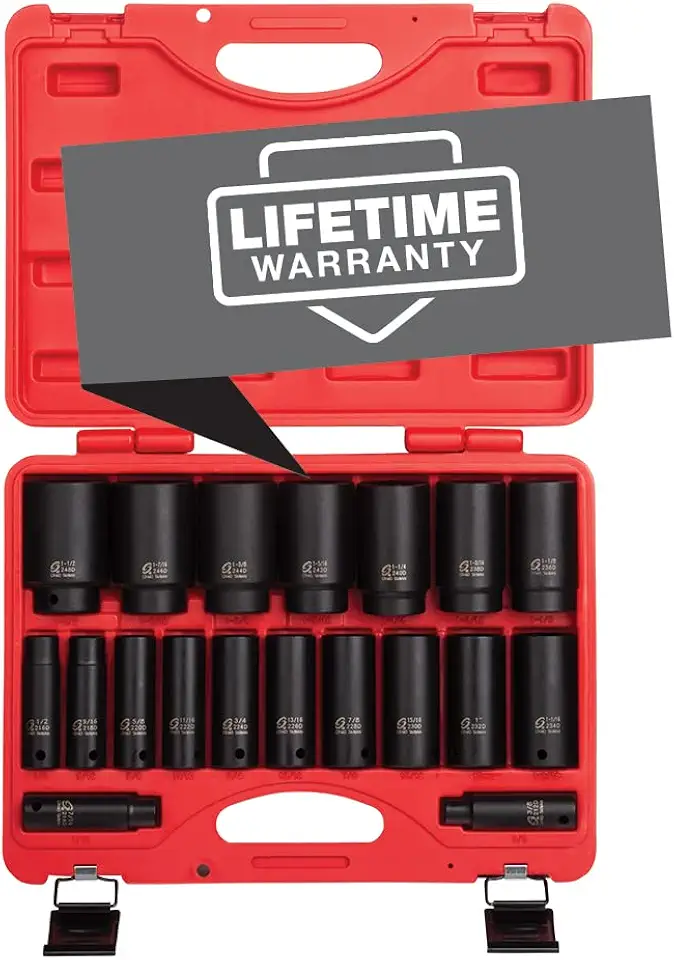 SUNEX TOOLS 2641, 1/2 Inch Drive Deep Impact Socket Set, 19-Piece, SAE, 3/8