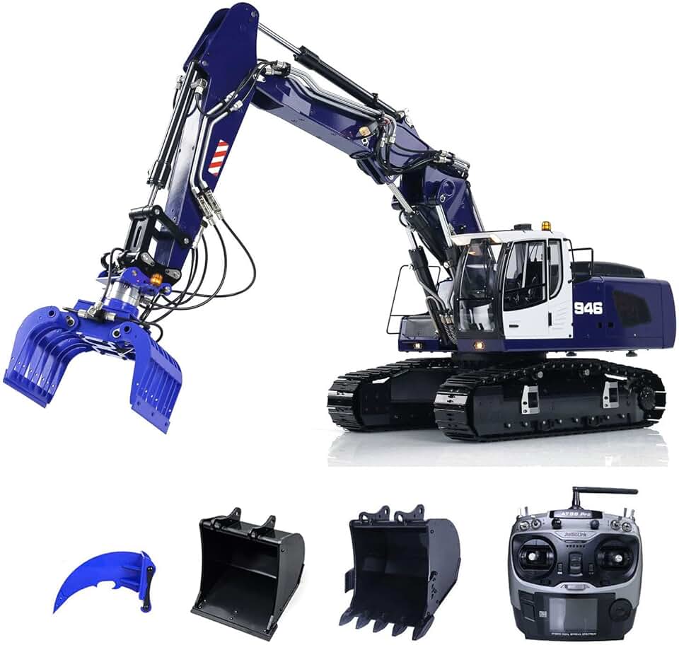 Hydraulic RC Excavator Model 1/14 946-3 10CH 3 Arms Tracked Metal Ripper Grab Bucket AT9S Remote Control RC Hydraulic Heavy Machine(Blue)