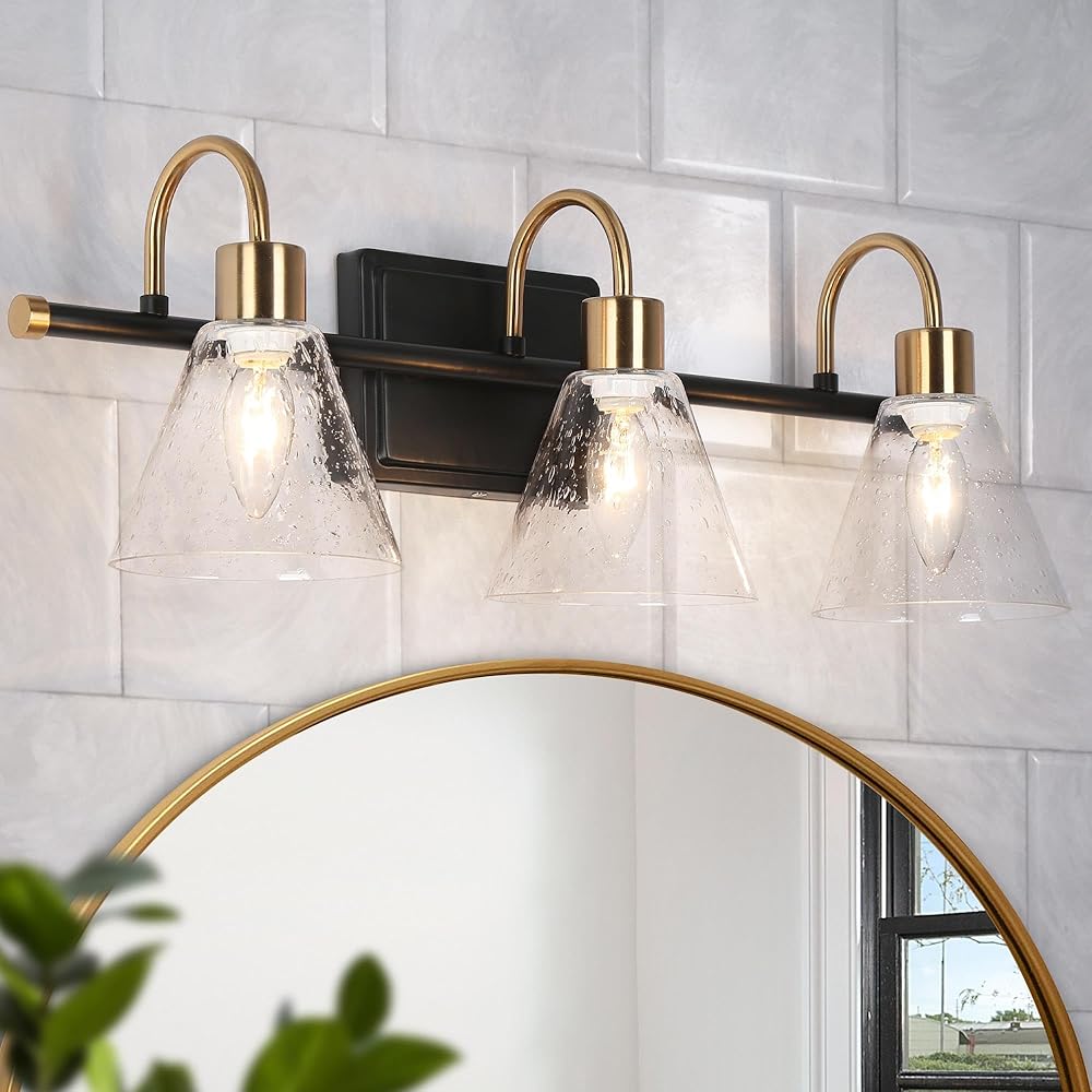 Black Gold Vanity Lights, Modern Bathroom Light Fixtures with Seeded Glass Shade, 3-Light Bathroom Vanity Lighting Over Mirror for Powder Room, Bedroom, Black and Brass Finish