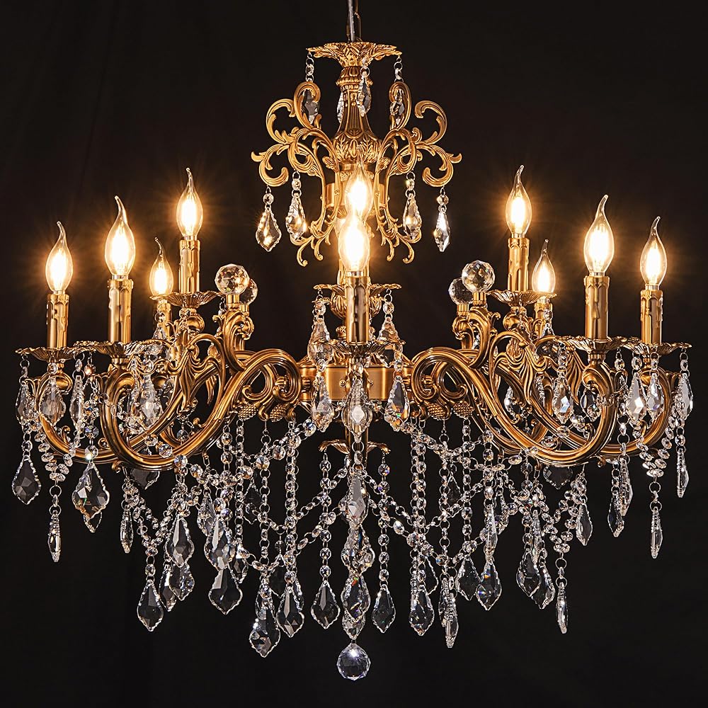 Wellmet Crystal Chandeliers Light Fixture, Luxury Maria Theresa Chandeliers for Dining Room, 12 Lights Gold Chandelier Pendant Ceiling Chandelier for Living Room Bedroom Staircase, D 35.9