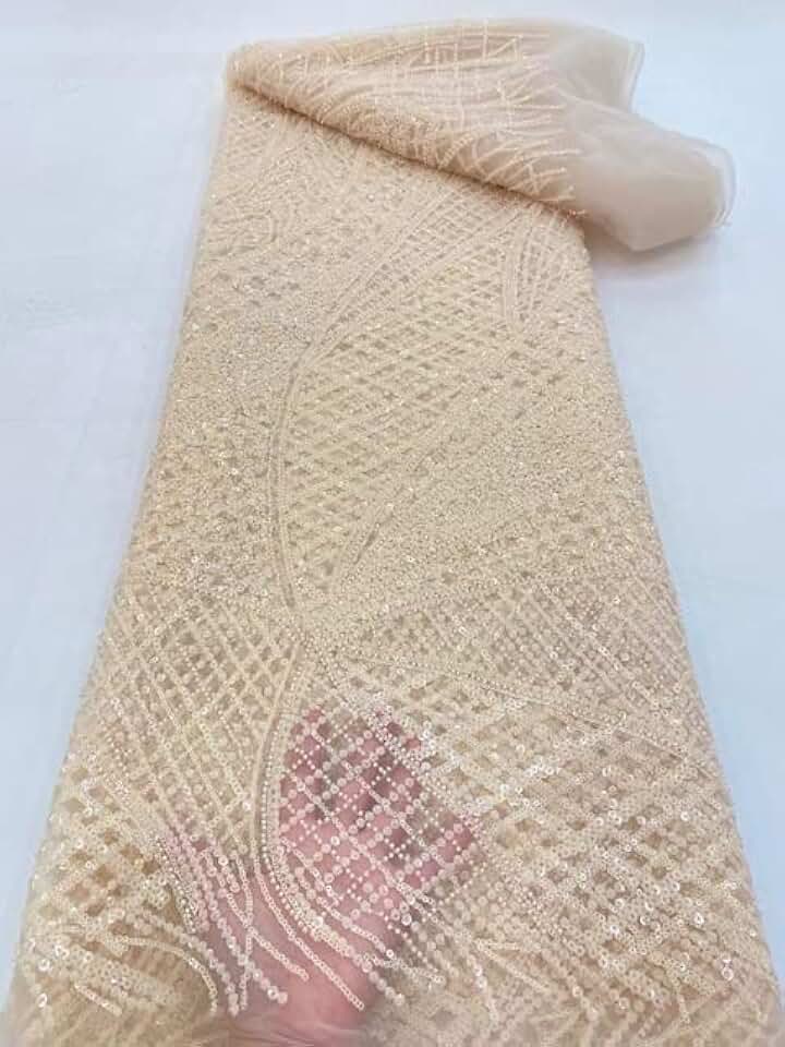 Mahacraft African Lace Fabrics Gold Bridal Lace Fabric High End Luxury Quality Embroidery Beaded French Nigeria Tulle Laces Fabrics for Wedding - 5 Yards - 120cm