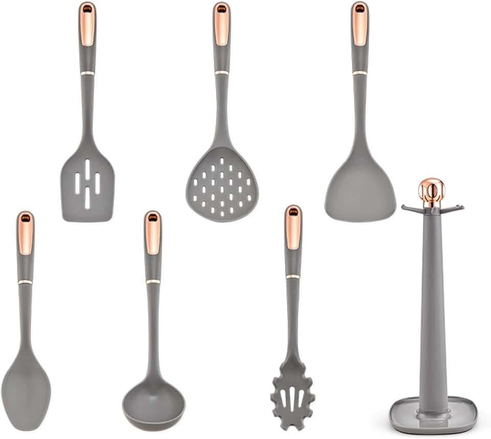 Kitchen Cookware Silicone Non-stick Cookware Cooking Tool Spatula Ladle Shovel Soup Utensils Set(Black), 7 pieces