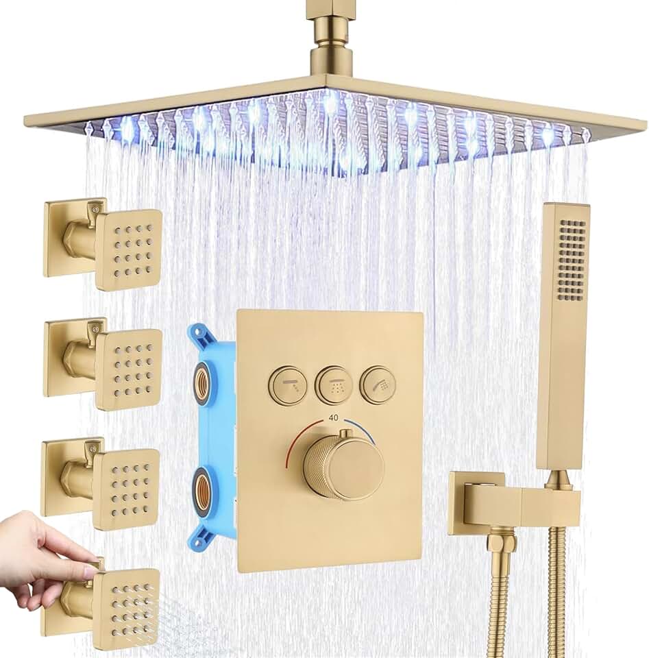 Brushed Gold Shower System Thermostatic Shower Faucet System with Body Jets Backnets 12 Inch Ceiling Mount Rainfall Shower Head System, Can Use All Options At A Time