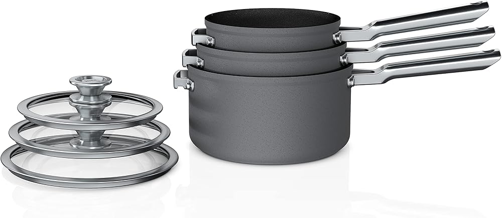 Ninja C56000 Foodi NeverStick Premium 6-Piece Saucepan Set with Glass Lids, Anti-Scratch Nest System, Hard-Anodized, Nonstick, Durable & Oven Safe to 500°F, Slate Grey