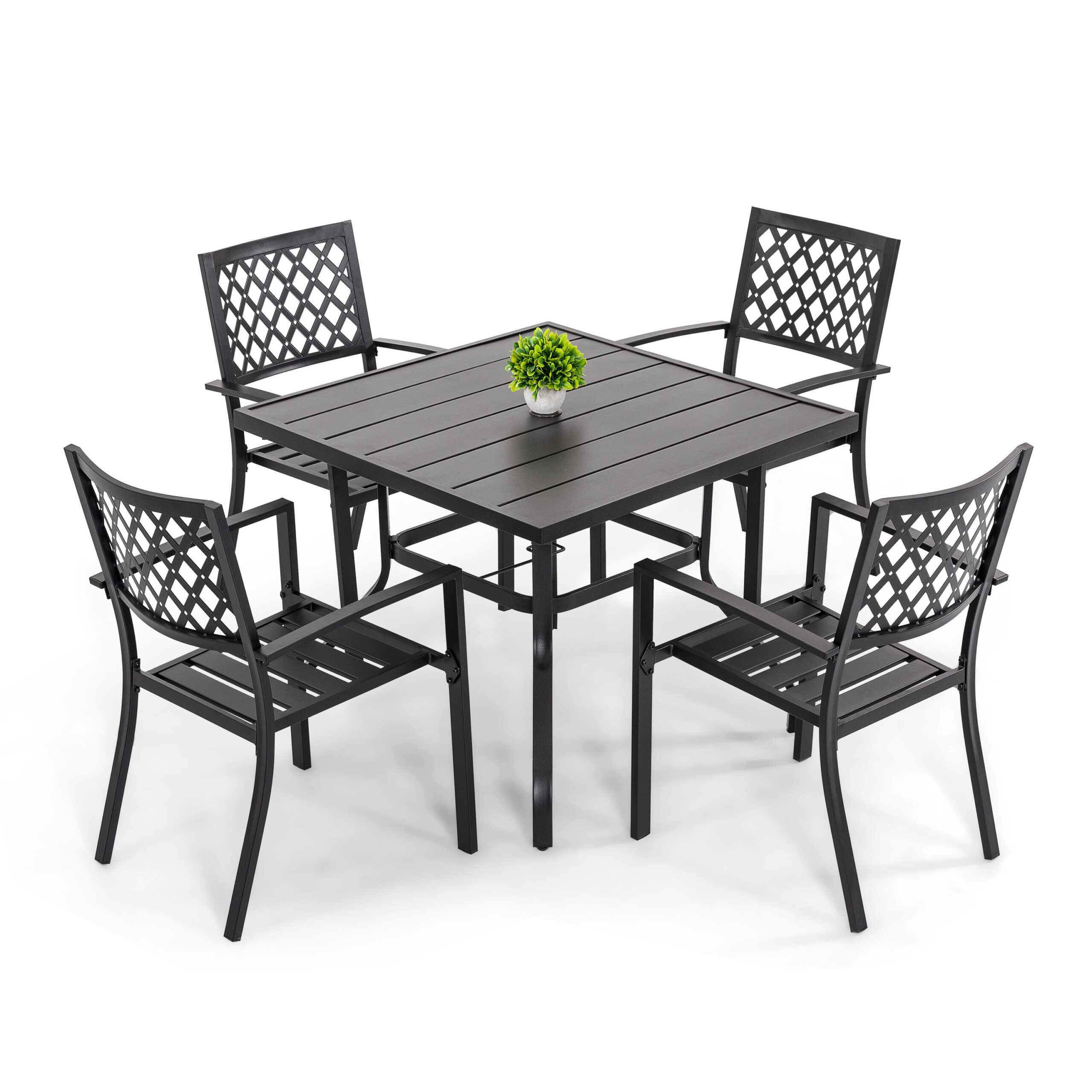 Nuu Garden Black Iron 5-Piece Patio Dining Set with Square Table and Stackable Chairs
