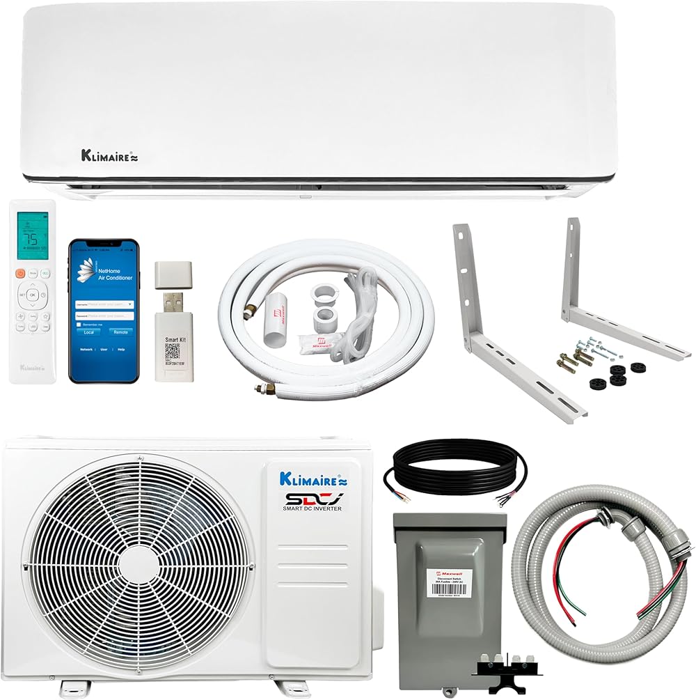 Klimaire 12,000 BTU 20.8 SEER2 Ductless Mini-Split Inverter Air Conditioner Heat Pump System with 15-ft Installation Kit Wall Bracket 115V