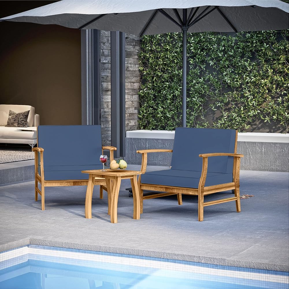 Nestl Small Patio Furniture Set – Patio Bistro Set 3 Piece Outdoor with Patio Chairs, Acacia Wood Balcony Furniture with Outdoor Chairs Set of 2, Natural Wood Patio Chairs Set of 2 with Navy Cushions