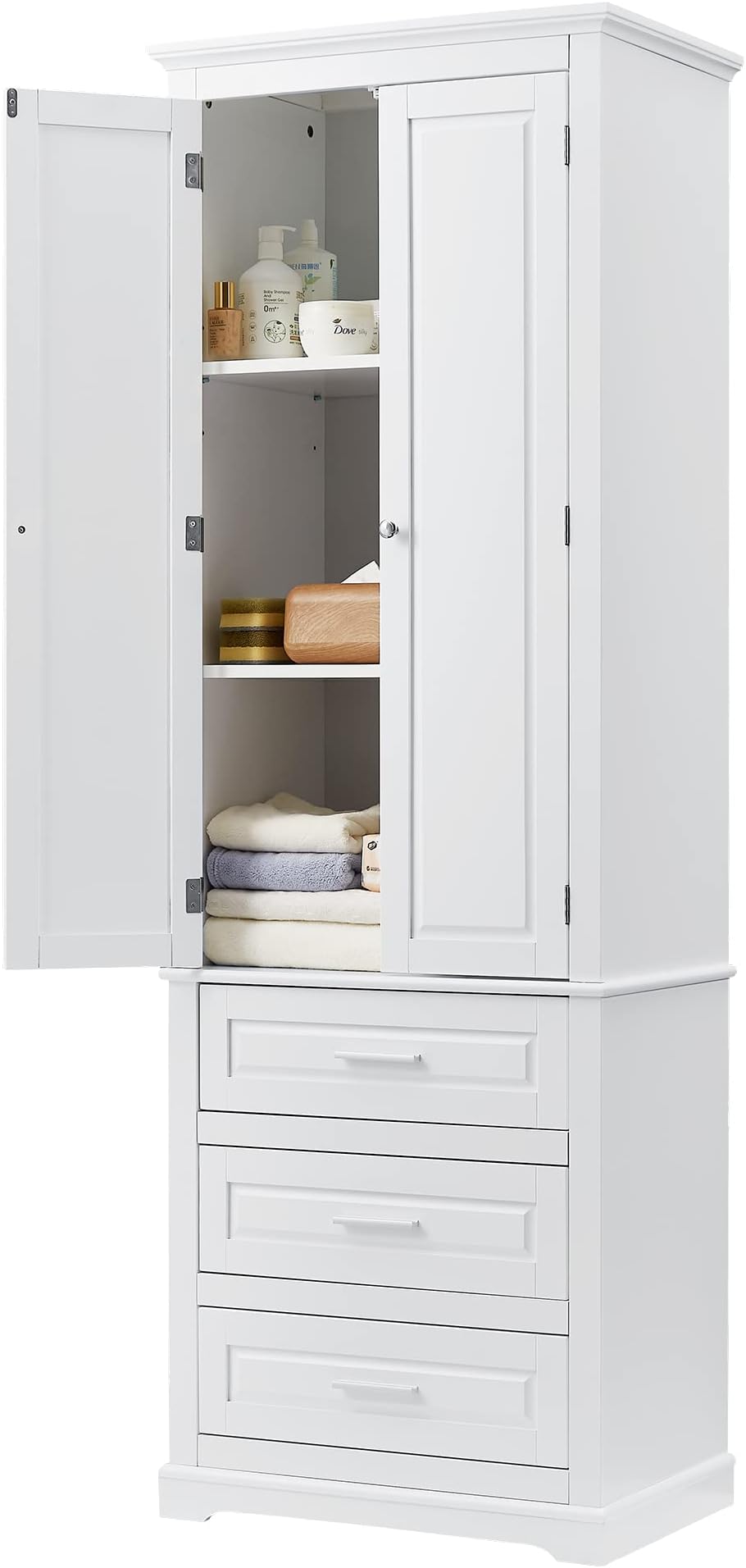 Merax Storage Cabinet with Doors and 3 Drawers, Tall Kitchen Pantry Organizer for Home, Bathroom, Modern Style, White