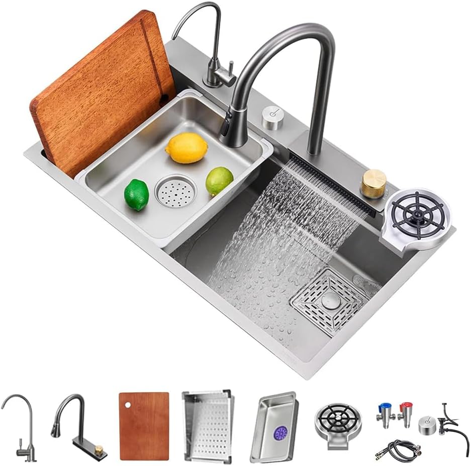 Gun Grey Waterfall Kitchen Sink, Drop in Single Bowl Stainless Steel Bar Sink with Cup Washer Sinks, Topmount Workstation Kitchen Sink with Accessories (31.5 x 17.7in)