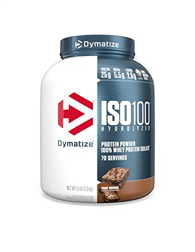 Dymatize ISO100 Hydrolyzed Protein Powder, 100% Whey Isolate Protein, 25g of Protein, 5.5g BCAAs, Gluten Free, Fast Absorbing, Easy Digesting, Fudge Brownie, 5 Pound