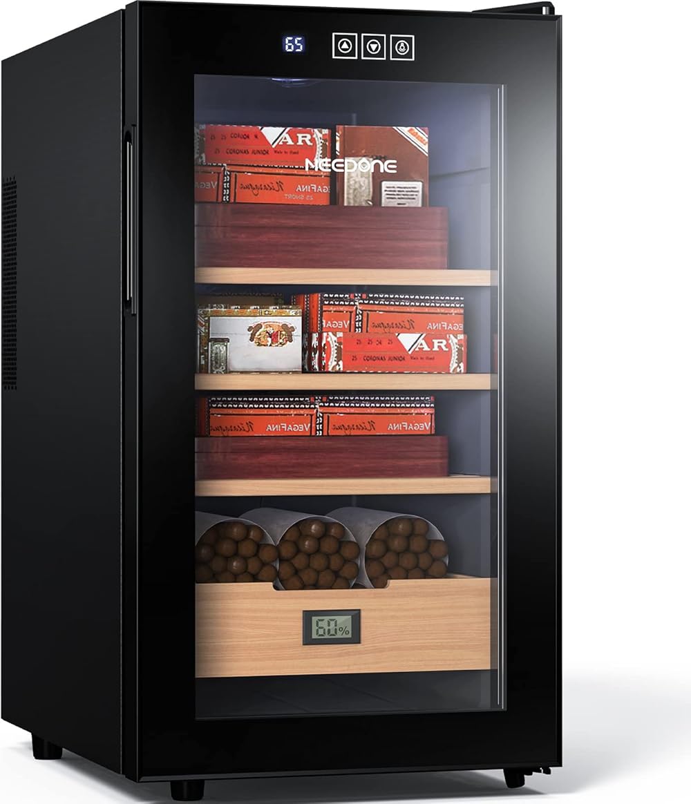 NEEDONE Humidor 48L with Cooling and Heating Temperature Control System, Electric Cooler Cabinet for 300 Counts with Spanish Cedar Wood Shelves & Drawer with Hygrometer, Gift for Men, 4 Layers