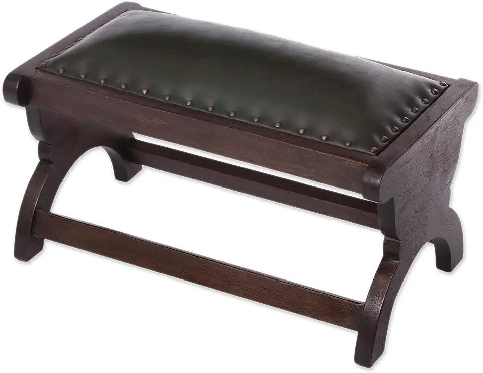 NOVICA Artisan Handcrafted Mohena Wood Leather Ottoman Artisan Green Stool from Peru Brown Leatherwood Furniture Ottomans [13.75in H x 23.5in W x 13.75in D] ' Sophisticated Andes in Green'