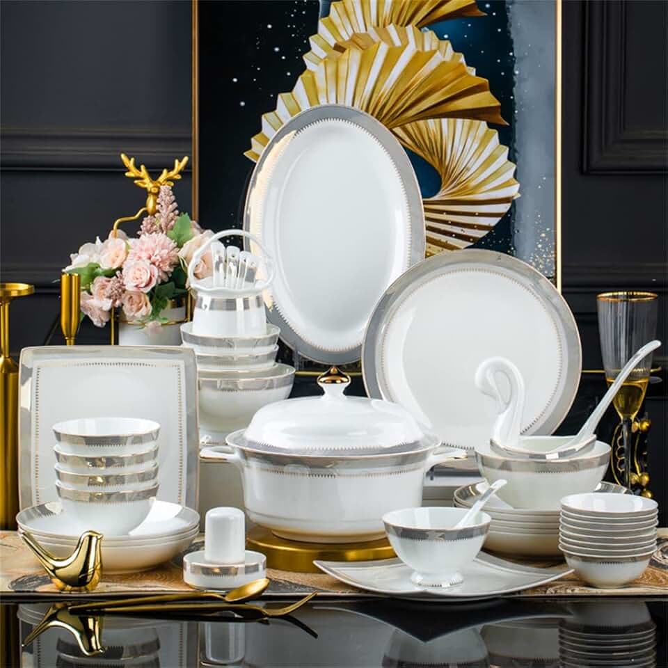 CSCDD 60 Piece Europe Bone China Tableware Sets Sushi Dishes Food Bowl Spoon Ramen Plates Dinner Set Utensils For Kitchen Accessories