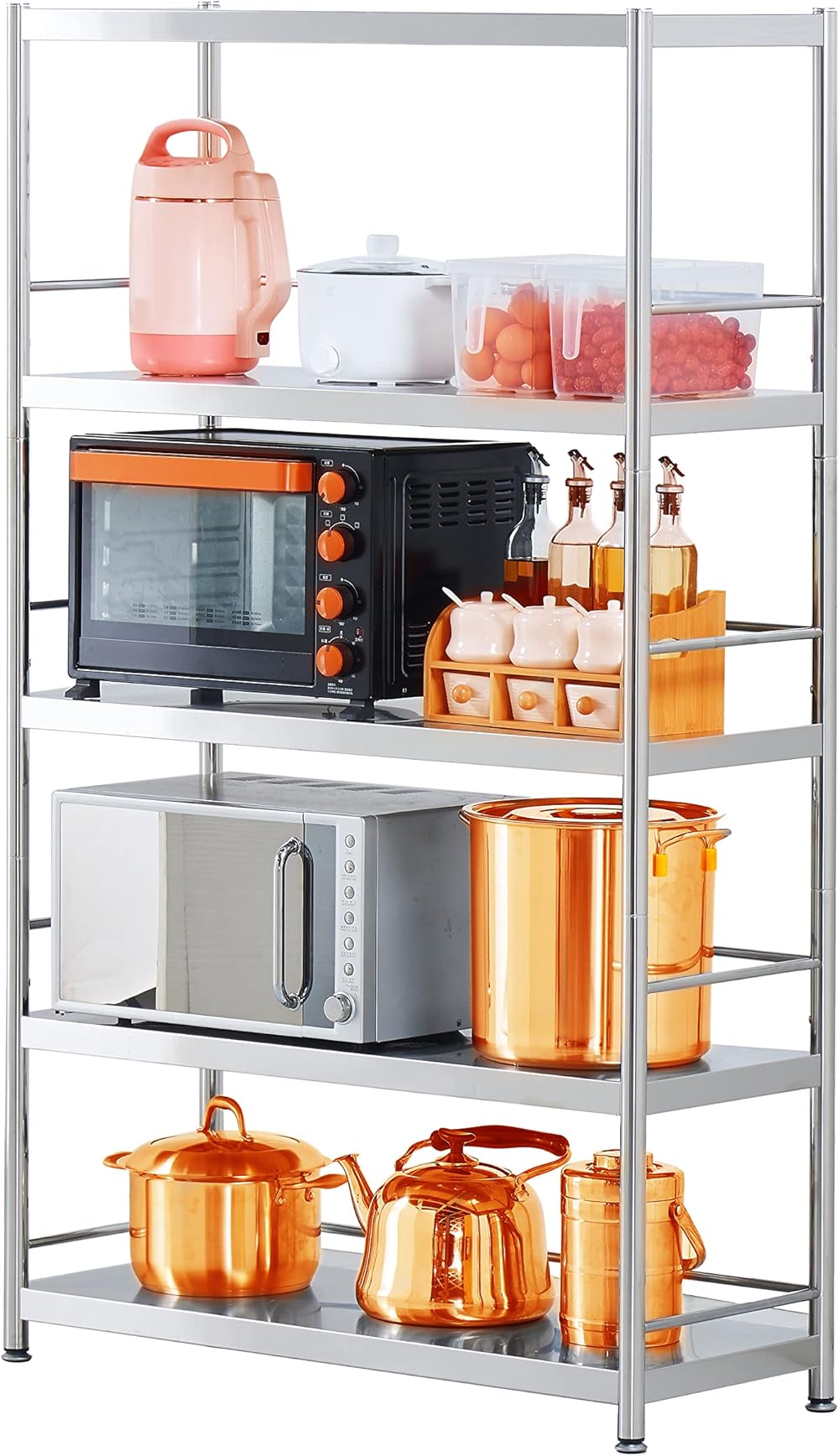 5-Tier Stainless Steel Shelf, Heavy Duty Shelving for Kitchen, Garage, Industrial Storage, Kitchen Shelves with Guardrails, Adjustable Feet, Easy to Clean