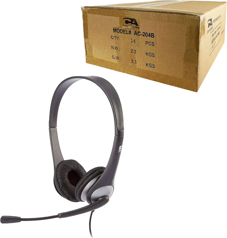 Cyber Acoustics AC-204 Carton of 24 Stereo Classroom Headsets w/Single Plug and Y-Adapter