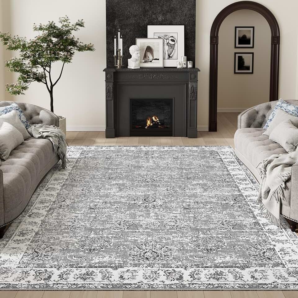 jinchan Living Room Area Rug 10x12 - Low Pile Washable Rug Stain Resistant Vintage Rug Large Boho Rug Ultra-Thin Non Slip Carpet Floral Print Distressed Rug for Bedroom Dining Room Farmhouse Grey