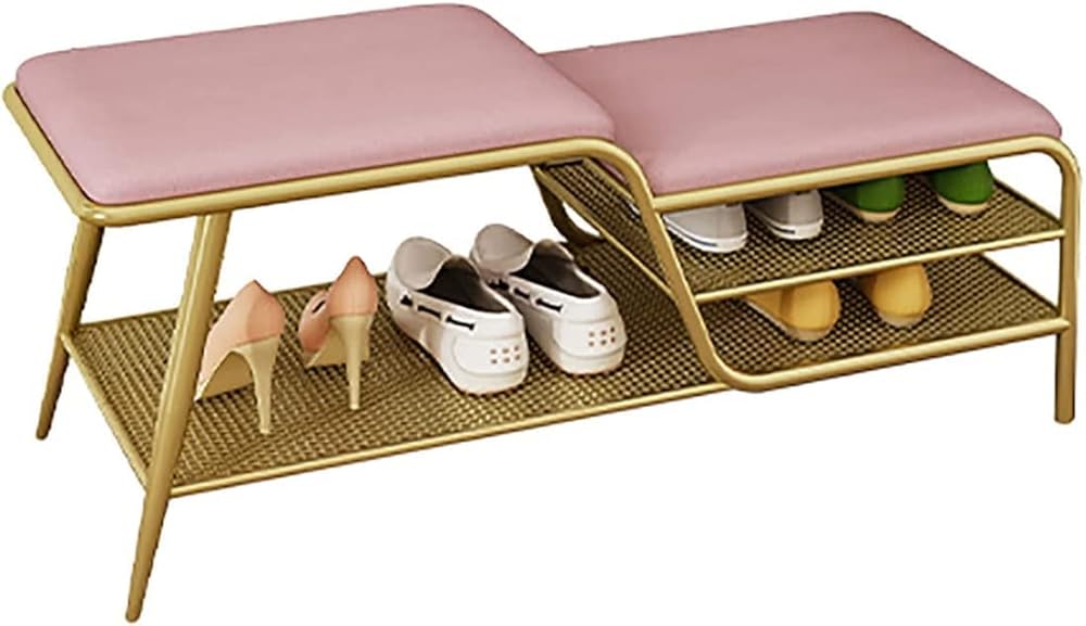 Shoe Storage Bench Entryway Hallway Furniture, 2-Tier Shoe Rack with Storage, Metal Shoe Bench with 2 Padded Cushion Seats, Entryway Storage Bench Ideal for Hallway Living Room(Pink)