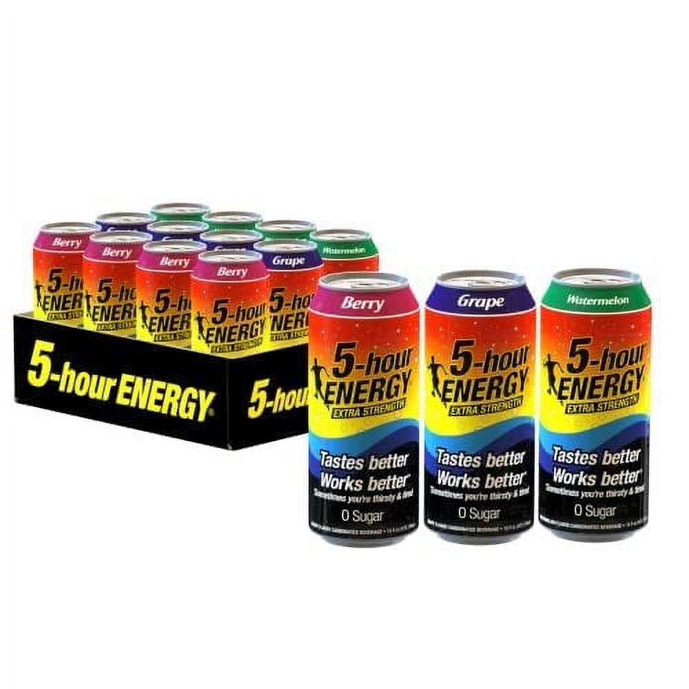 5-Hour Energy Extra Strength Energy Drink | Variety Pack | Berry, Grape And Watermelon Flavor | 16 Oz. Cans | 12 Count | Sugar-Free & Zero Calories | Vitamins & Amino Acids | Contains Carbonation