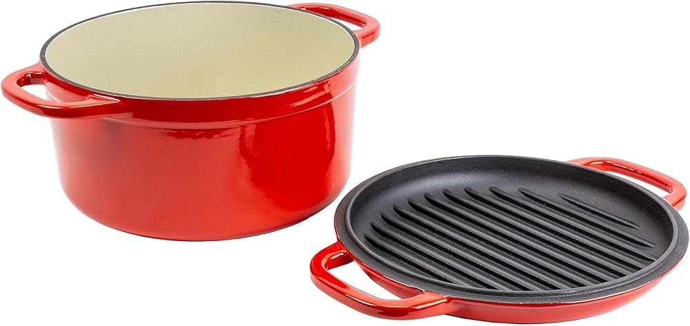 Lodge 7 Quart Essential Enameled Cast Iron Double Dutch Oven - Dual Handles – Lid Doubles as Grill Pan, Oven Safe up to 500° F or on Stovetop - Use to Marinate, Cook, Bake, Refrigerate & Serve – Red