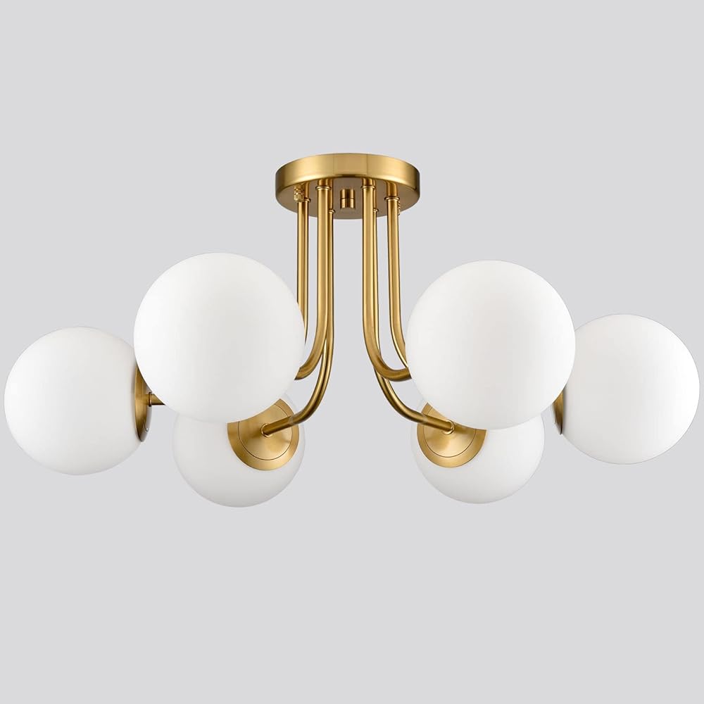 Modern Brushed Brass Gold 6-Light Ceiling Light with Globe White Glass Shade Semi Flush Mount Light Fixture for Dinning Room Foyer Hallway Sputnik Chandeliers