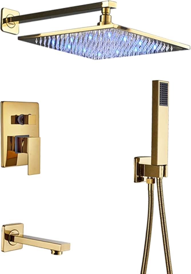 Shower Set Shower System Concealed Shower Faucet Set with Tap Gold Wall Mounted Shower Combo Set with Hand Shower and LED Rainfall Shower Head Advanced Air Injection Technology,8 Inch
