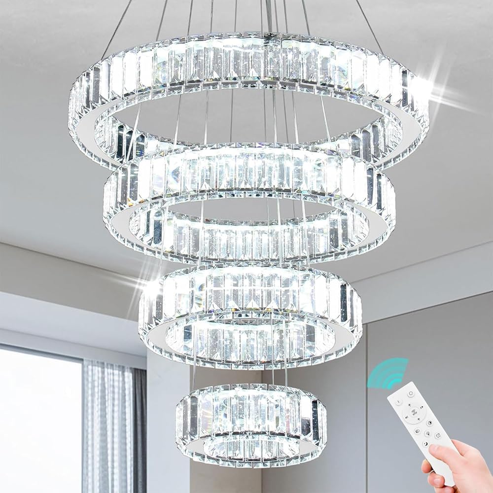 Dimmable Modern LED Chandelier with Remote 4 Ring Pendant Light Crystal Chandeliers for Dining Room Bedroom Living Room, 3 Colors Adjustable,Dia7.9-11.8
