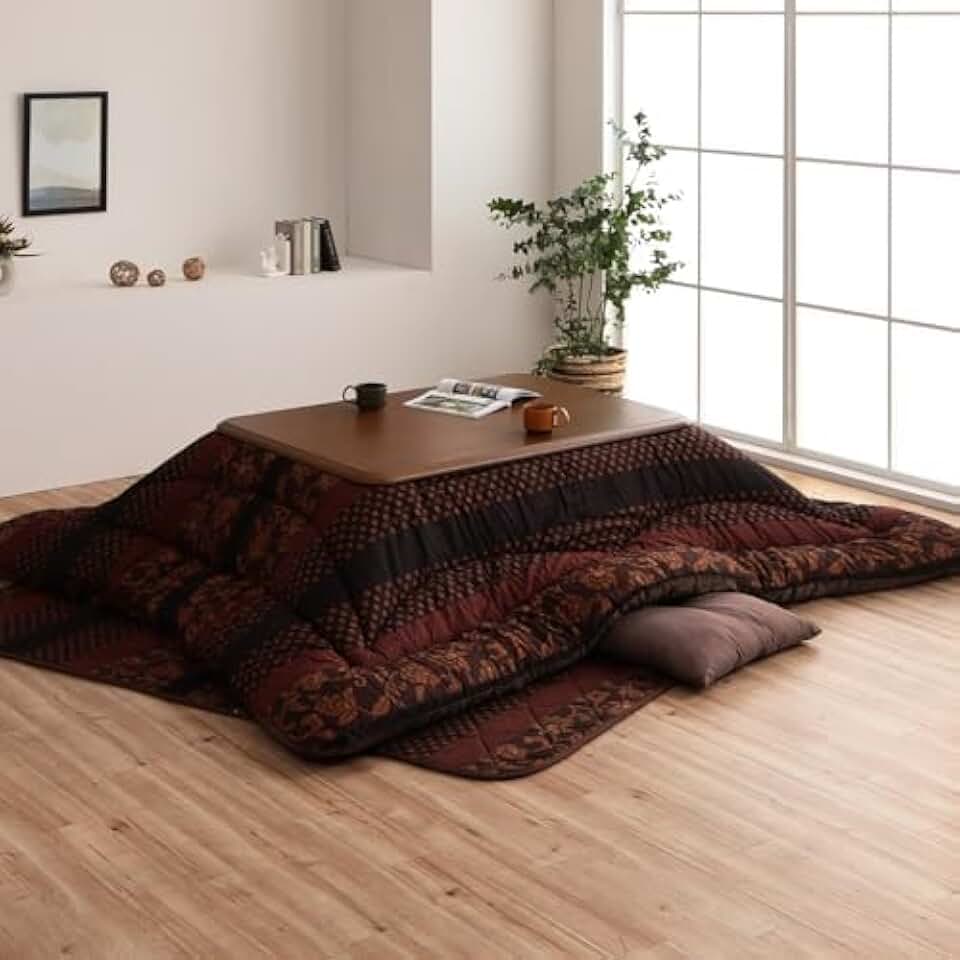 IKEHIKO Kotatsu Futon Comforter, Fluffy Premium Cotton, Kotatsu Square Rectangle Shape Brown Blanket Heater Table, Japanese Futon Craftsman, Made in Japan 2381 (205×205cm)