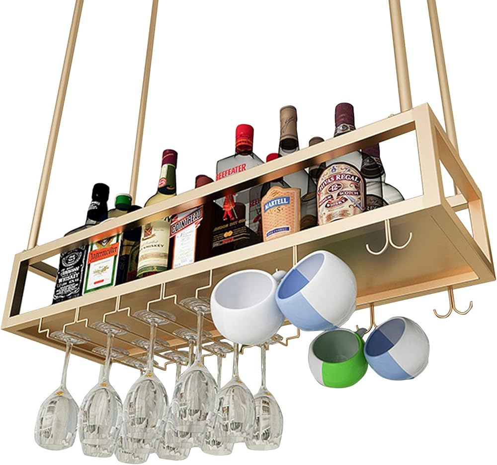 Gold Wine Rack Glass Holder 60 80 100 120 140cm Ceiling Hanging Pot Pan Rack, Metal Bottle Stemware Glass Organizer for Kitchen, Bar, or Home Wine Accessories, 140x25x21cm