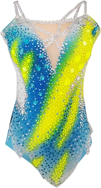 Girl's Yellow Blue Suspender Artistic Gymnastics Suit Rhythmic Gymnastics Uniform for Performance and Practice