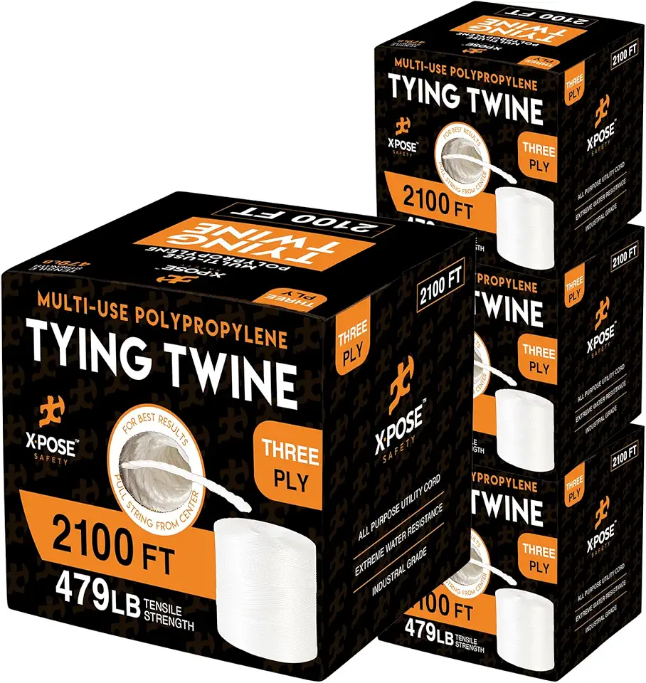 Polypropylene Tying Twine - 3 Ply White Plastic Poly Twine String 2100' Roll - Soft On Hands - Heavy Duty Outdoor & Indoor Tie Line - Baling Twine, Shipping & Bundling Twine, Packaging Rope 4 Pack