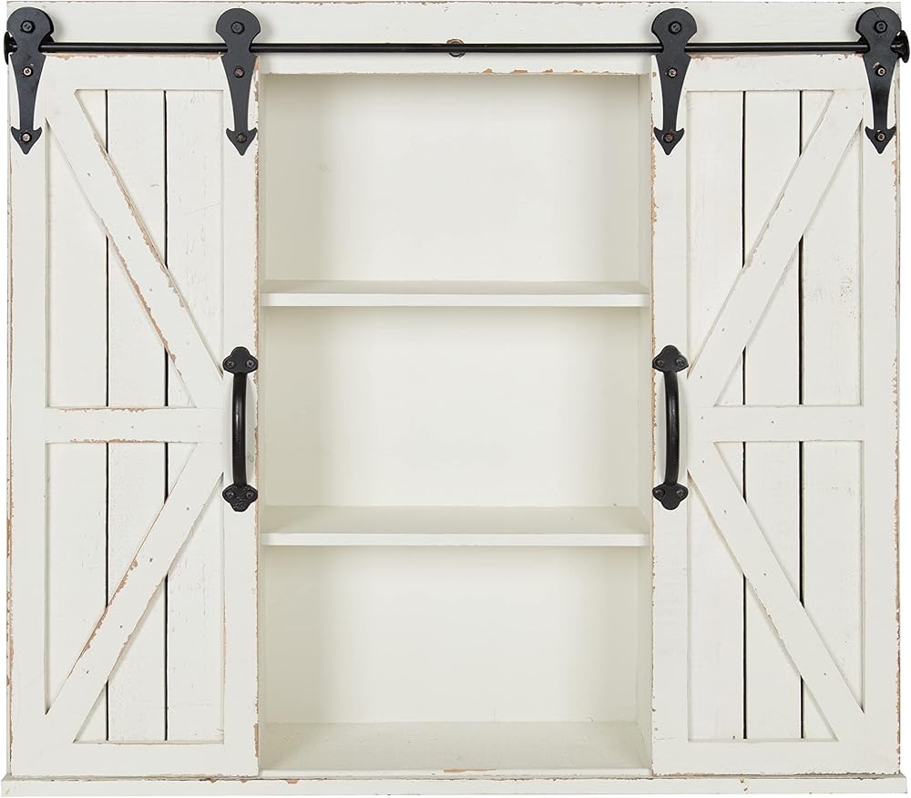 Kate and Laurel Cates Decorative Wall Storage Cabinet with Two Sliding Barn Doors, Rustic White