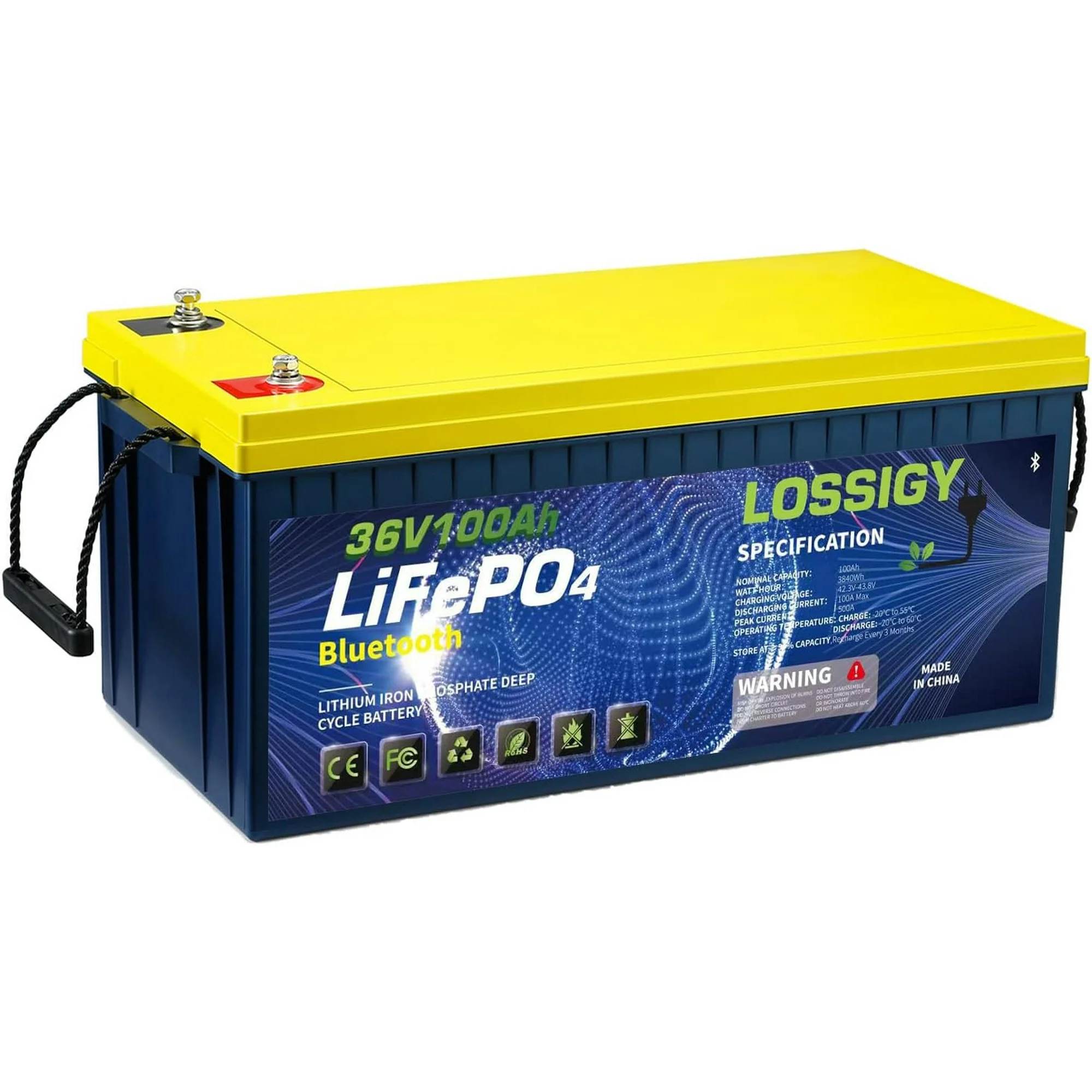 LOSSIGY 36V Bluetooth LiFePO4 Battery, 36 Volt 100AH Deep Cycle Lithium Battery, Built in 100A BMS Peak Current 500A, 10 Yrs Lifespan, Perfect for Golf Cart, Trolling Motor, Solar System, RV, Marine